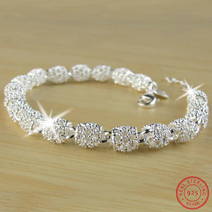 925 Silver Flower Beads Charm Bracelet Adjustable for Women