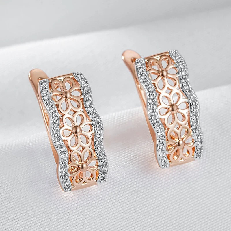 Women’s Rose Gold Silver Flower Earrings Natural Zircon Setting