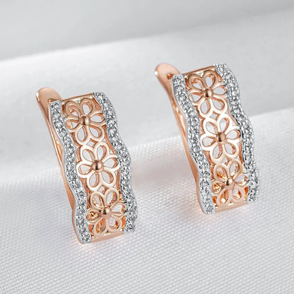 Women’s Rose Gold Silver Flower Earrings Natural Zircon Setting