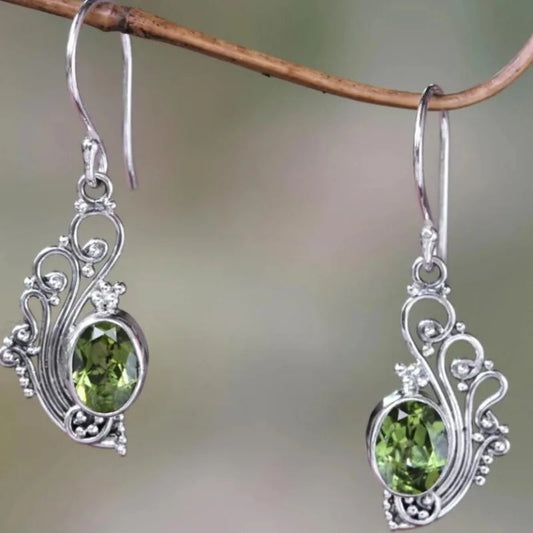 Vintage Silver Oval Green Stone Dangle Earrings Ethnic Jewelry