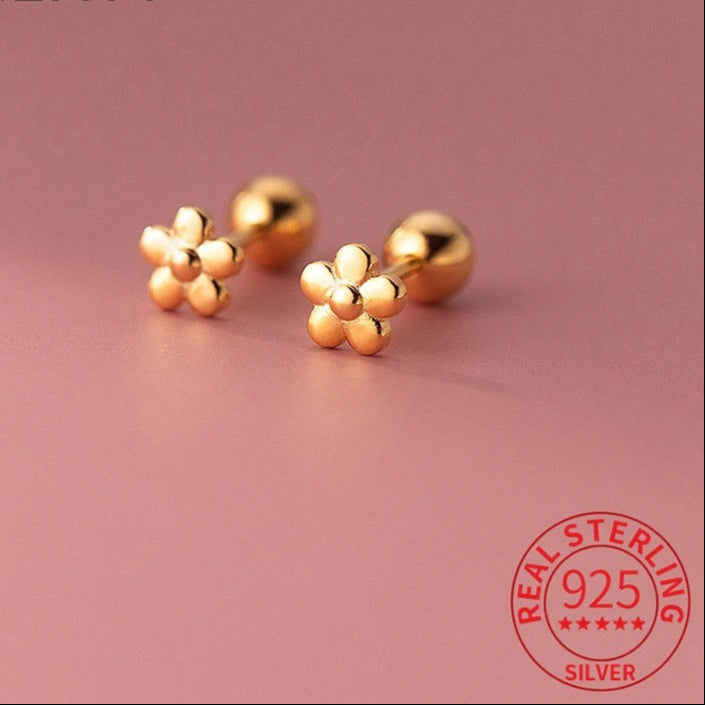 925 Sterling Silver 18K Gold Flower Bead Stud Earrings Women