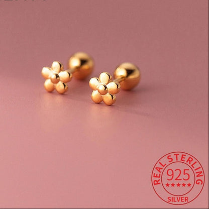 925 Sterling Silver 18K Gold Flower Bead Stud Earrings Women