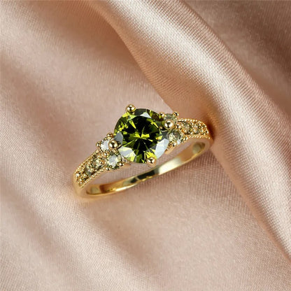 Cute Bride Round Zircon Ring Olive Green Crystal Gold Jewelry