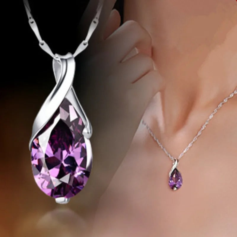 S925 Silver Angel Tears Necklace Women’s Purple Crystal Pendant