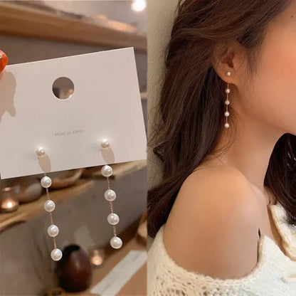 Pearl Crystal Chain Drop Earrings for Women Bridal Wedding Jewelry