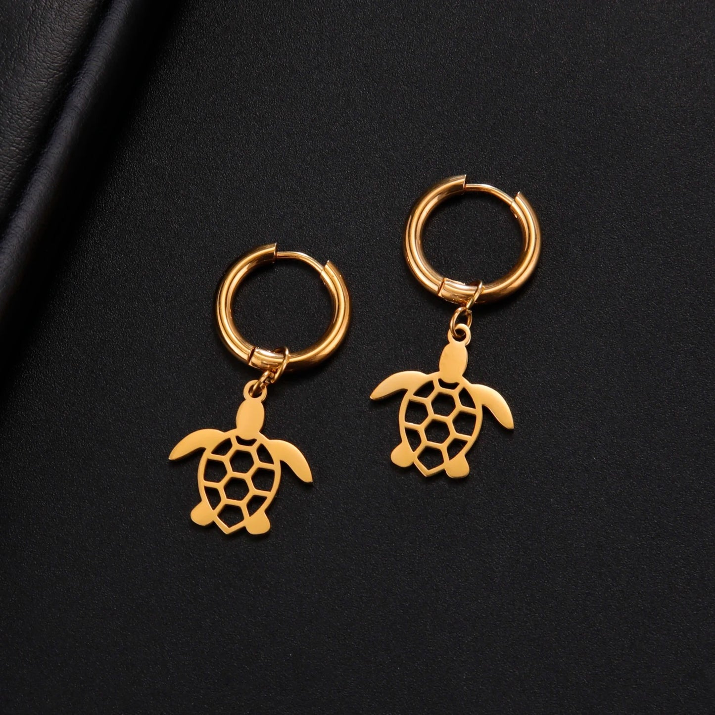 Cute Hollow Turtle Hoop Earrings Gold Color Stainless Steel
