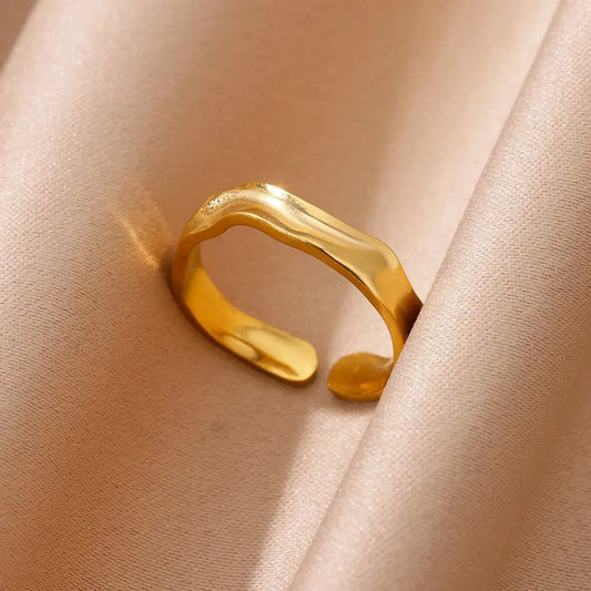 Minimalist Gold Open Ring – Stainless Steel Textured Adjustable Wedding Jewelry for Women.