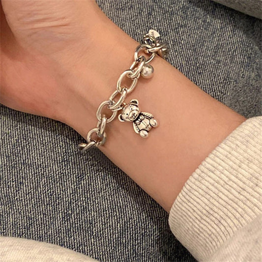 Silver Plated Bear Pendant Bracelet for Women Retro Thick Chain Jewelry