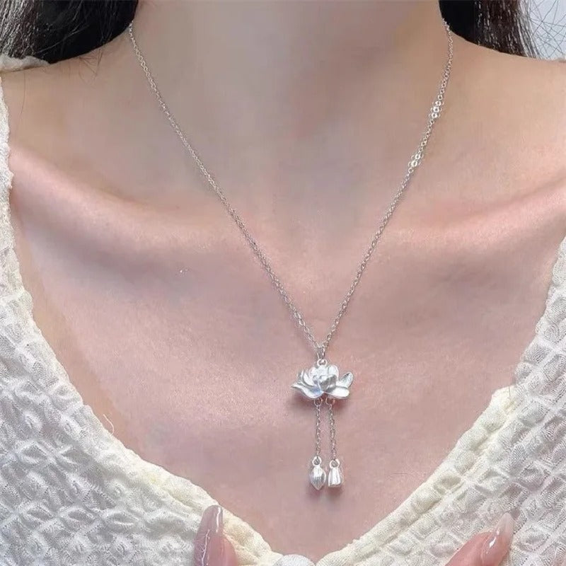 New Chinese Style Lotus Tassel Necklace Pendant For Women Fresh And Sweet Style Necklace Fashionable And Versatile Jewelry