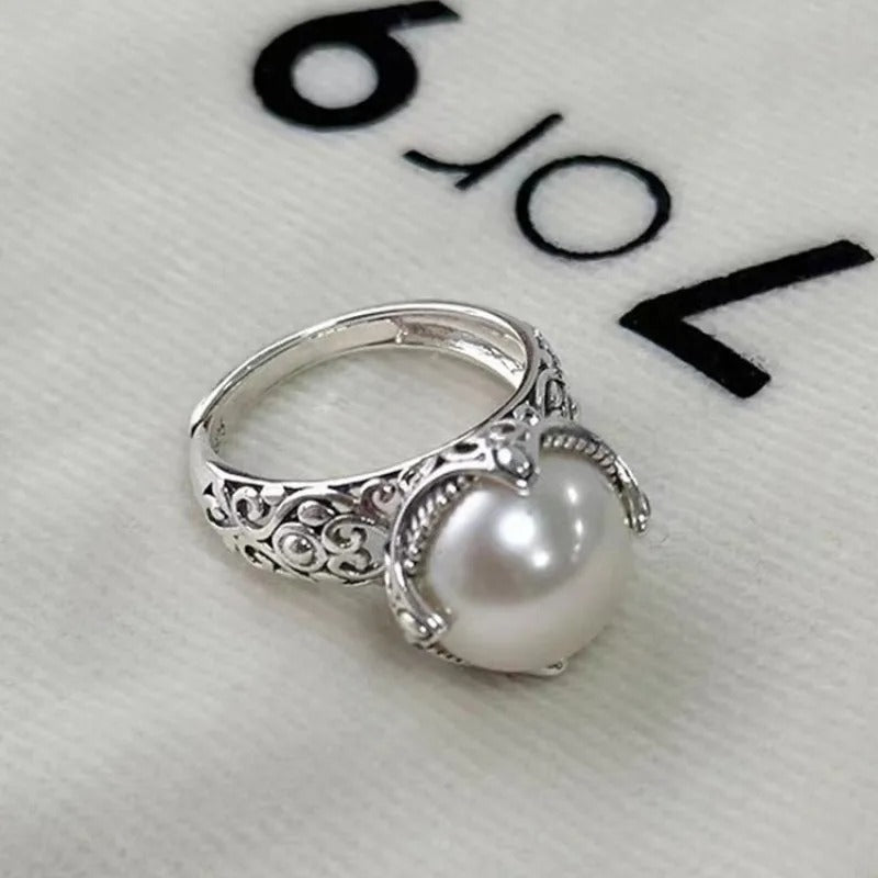 925 Sterling Silver Hollowed Pearl Adjustable Rings For Women Wedding Luxury Accessories