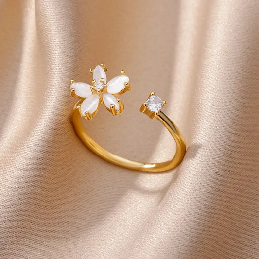 Opal Flower Rings For Women Cubic Zirconia Openning Stainless Steel Flower Ring Wedding Floral Aesthetic Jewelry anillos mujer