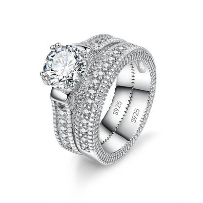 Elegant 925 Silver Wedding Engagement Couple Rings CZ Stone