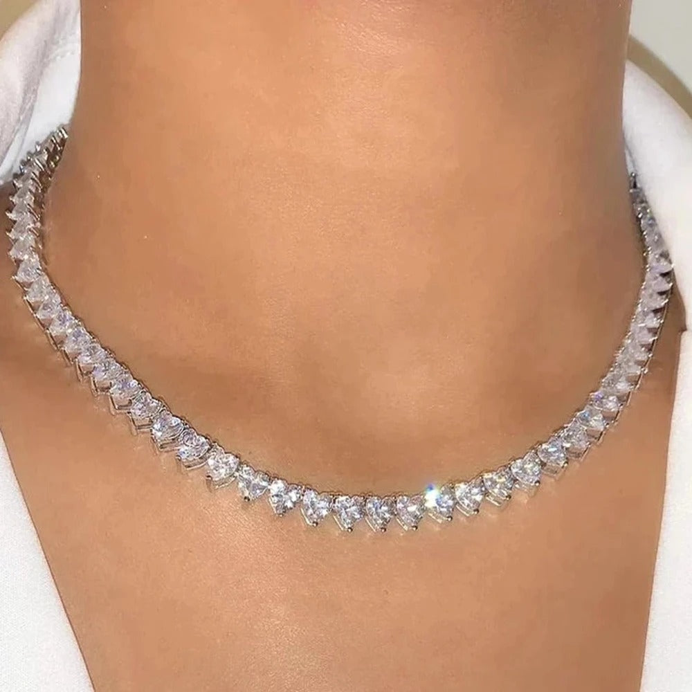 Women’s Iced Out Heart Crystal Tennis Chain Necklace Gold Silver Jewelry