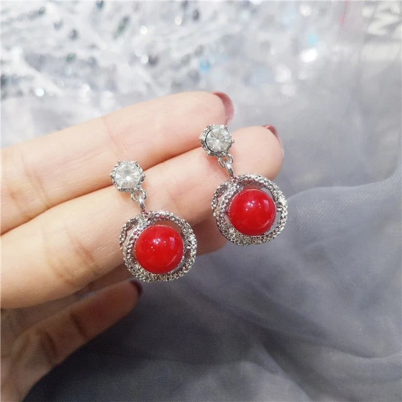 Red White Ball Dangle Earrings Women Crystal Drop Jewelry