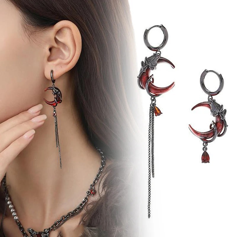 Personality Red Moon Earrings Women Dark Gothic Tassel Ear Jewelry