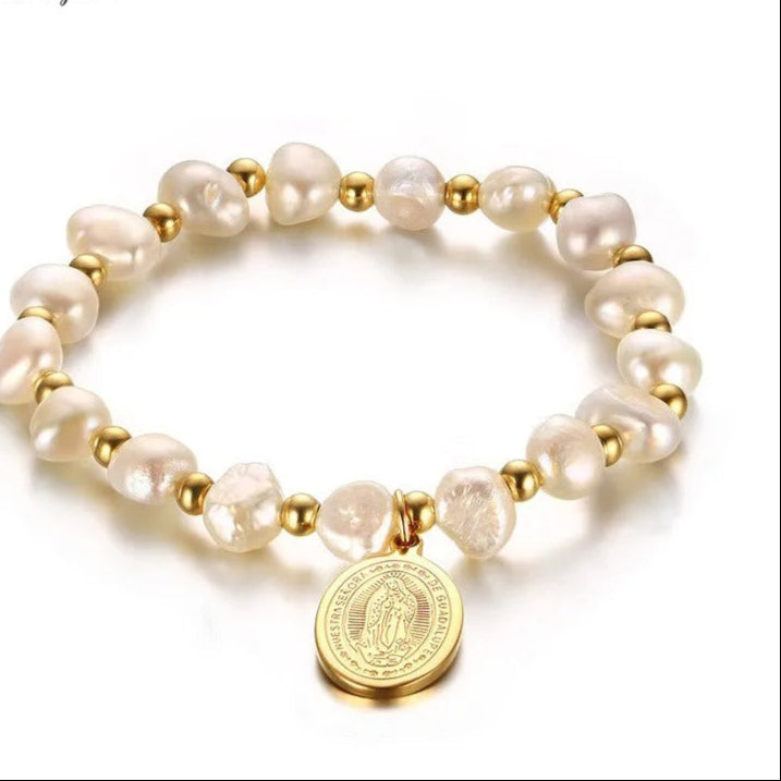 16CM Stainless Steel Virgin Mary Logo Pearl Bracelet Ladies Beads Bracelet
