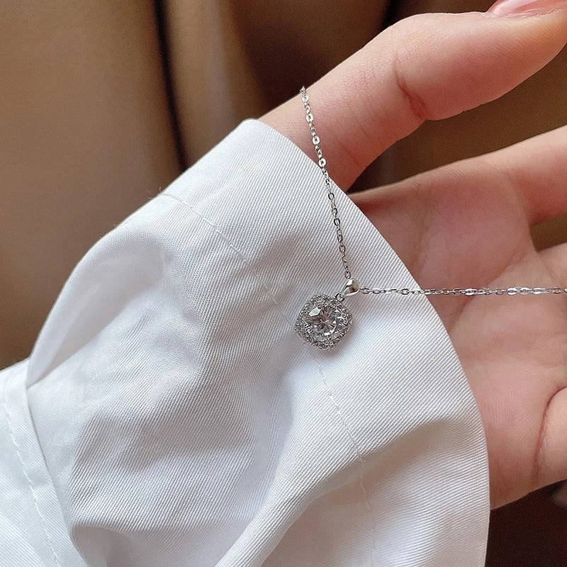 925 Sterling Silver Square Necklace Shiny Zircon Geometric Shape Pendant Simple Charm Women Choker Day Gift Fine Jewelry