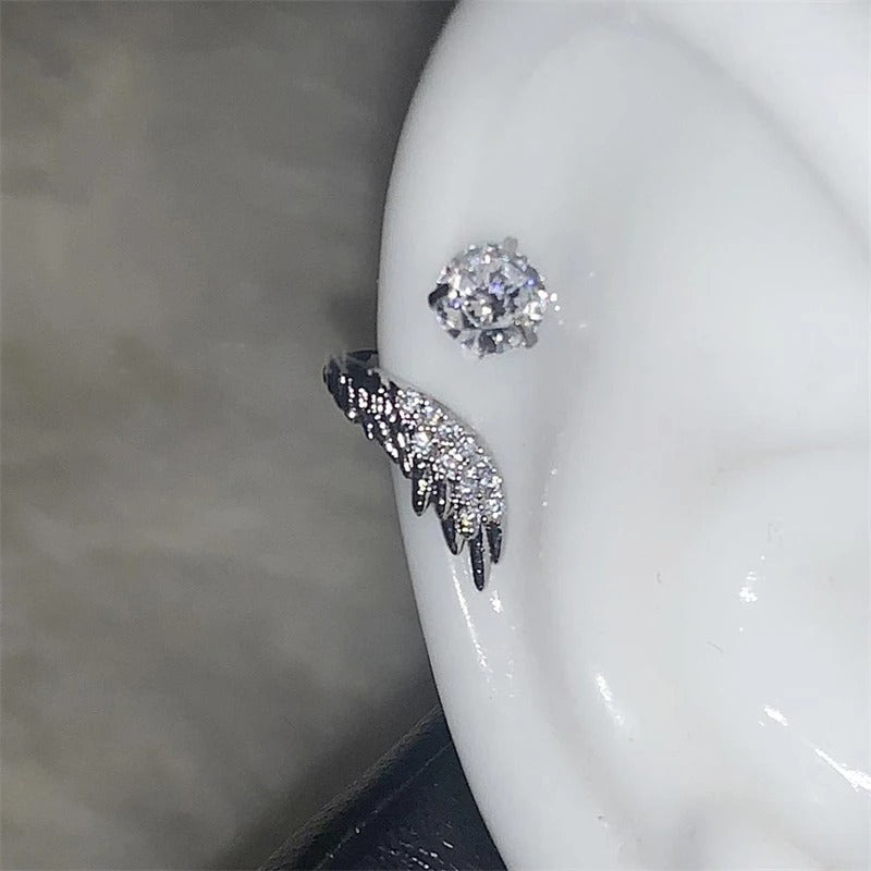 Silver Wing Ear Bone Nail 316L Stainless Steel Rhinestone Earrings