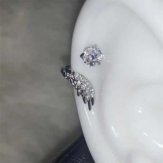 Silver Wing Ear Bone Nail 316L Stainless Steel Rhinestone Earrings