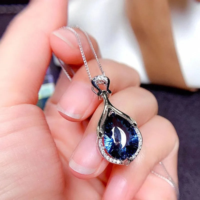 Blue Cubic Zirconia Necklace for Women Full Bling Iced Out Engagement Wedding Neck Accessory Jewelry