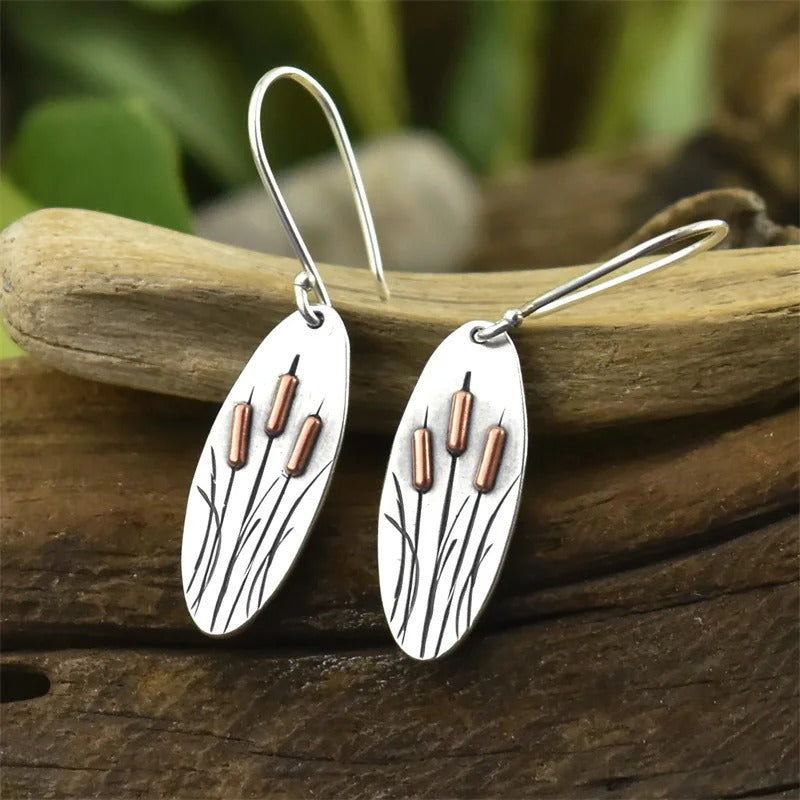 Oval Silver Flower Dangle Earrings Metal Carving Women Jewelry