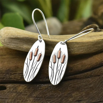 Oval Silver Flower Dangle Earrings Metal Carving Women Jewelry