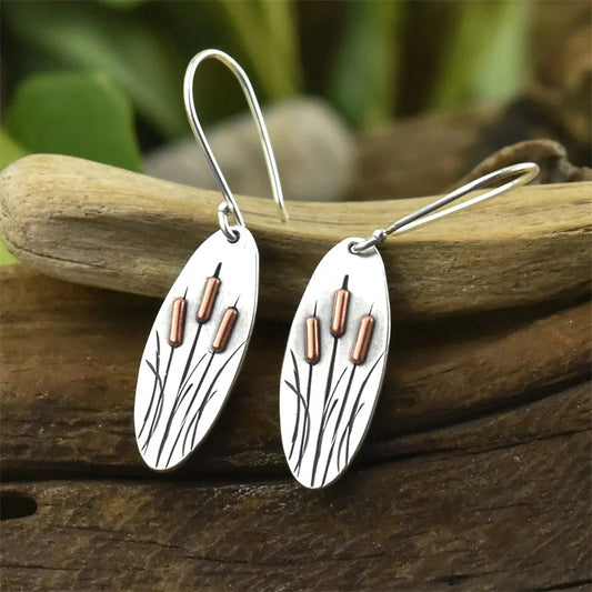 Oval Silver Flower Dangle Earrings Metal Carving Women Jewelry