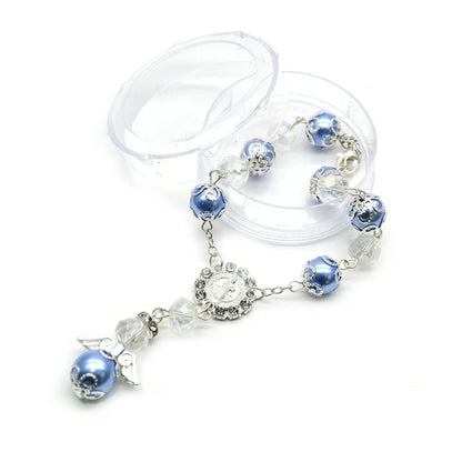 Angel Baptism Pearl & Crystal Rosary Bracelet White Blue