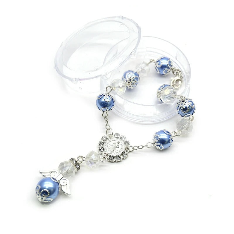 Angel Baptism Beads Imitation Pearl Crystal Rosary Bracelet With Box Saint Benedict Religious Jewelry White Blue