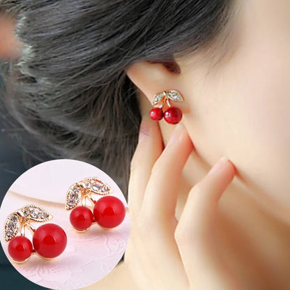 Cute Red Cherry Earrings Rhinestone Leaf Bead Earstuds for Women