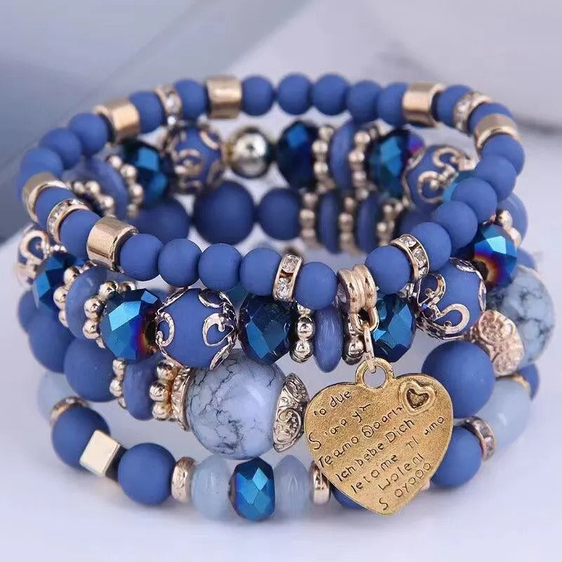 Women’s 4PCS Crystal Beads Bracelets Heart Letter Elastic Bangles Gift