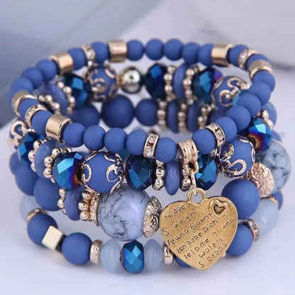 Women’s 4PCS Crystal Beads Bracelets Heart Letter Elastic Bangles Gift