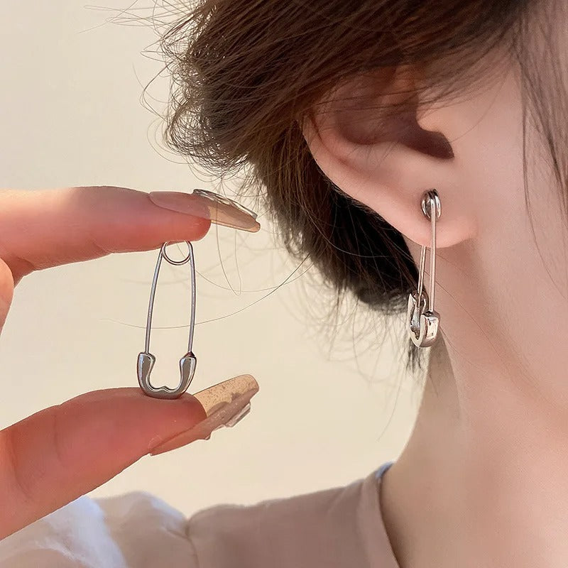 Creative Unisex Punk Rock Style Safety Pin Ear Hook Stud Earrings Metal Pin Earring Jewelry for Women Men