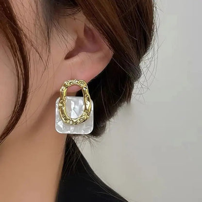White Acrylic Square Drop Earrings Women Gold Metal Dangle Jewelry