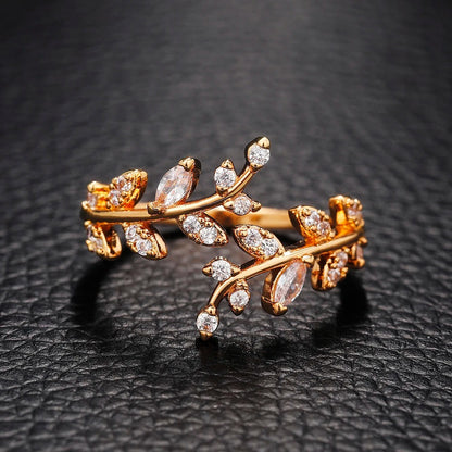 Adjustable Leaf Ring with Cubic Zirconia Huitan Jewelry