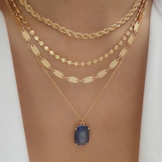 Multi-layered Stainless Steel Square Necklace For Women Color Rectangular multicolor Crystal Pendant Necklaces Trendy Jewel