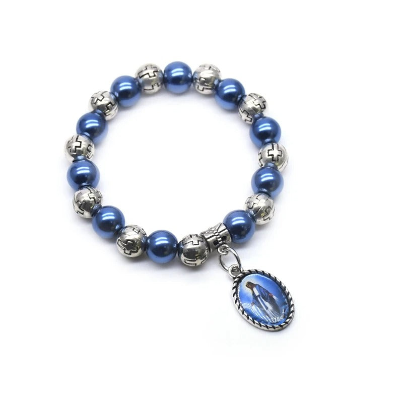 Virgin Pendant Rosary Bracelets Elastic Plastic Pearl Beads Strand Religious Jewelry
