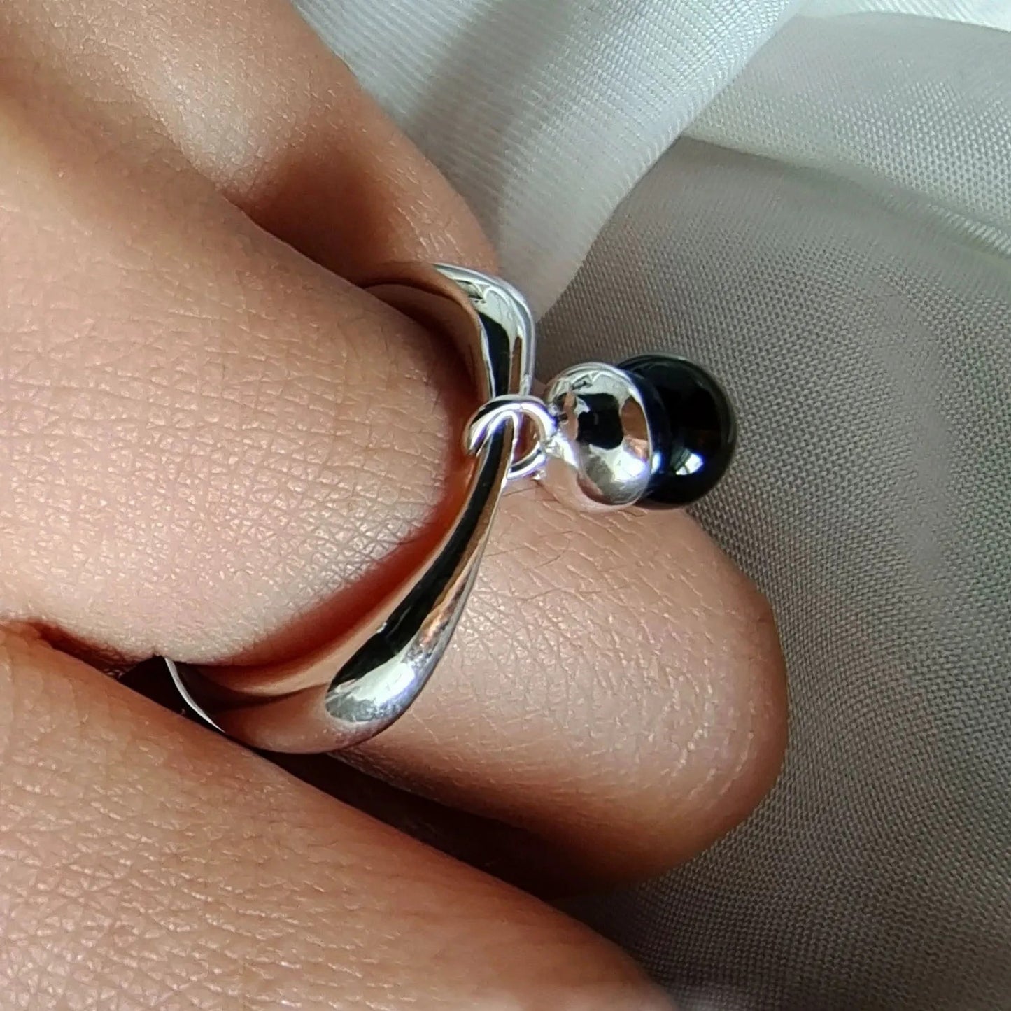 925 Sterling Silver Adjustable Black Ball Tassel Ring Women Men