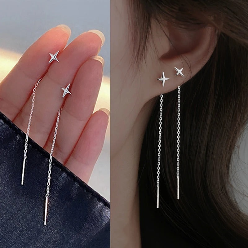 Silver Needle Star Line Earring for Women Tassel Drop Earring Long Chain Beads Piercing Earring Asymmetry Ear Jewelry