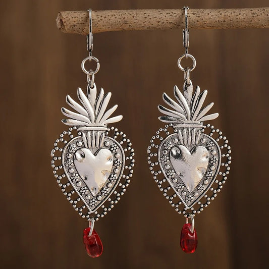Silvery Heart Drop Earrings with Ruby Romantic Gift for Lovers