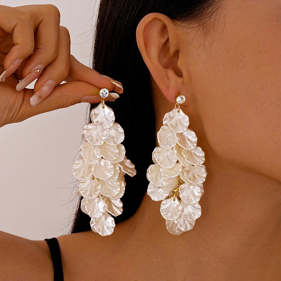 French Petals Long Tassel Earrings Exaggerated Shell Shaped Fringed Earrings Dangle Inlaid Zircon Women's Earrings Ornaments