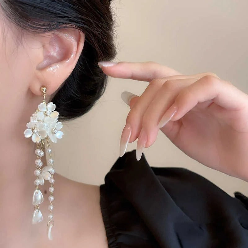 French Tassel Flower Drop Earrings Women Bridal Wedding Jewelry