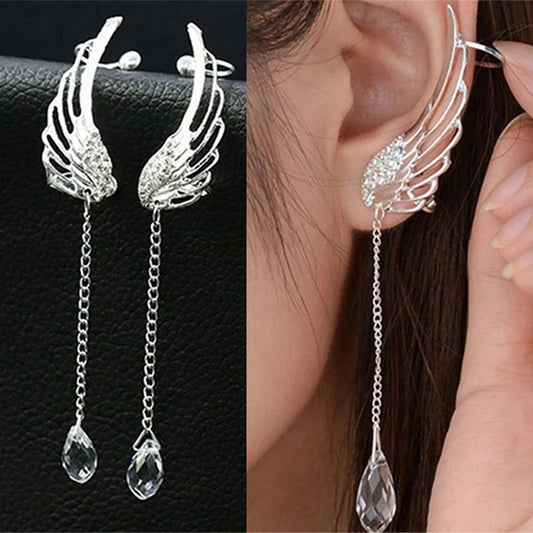 Angel Wings Crystal Earrings Silver Plated Drop Dangle Ear Stud for Women Long Cuff Earring Ear Jewelries