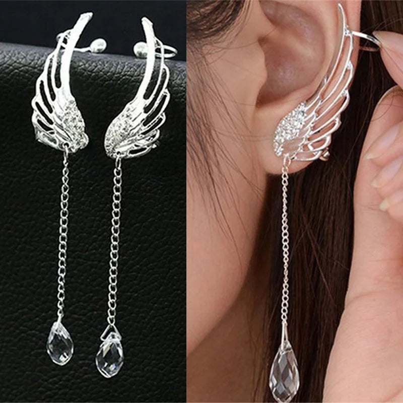 Angel Wings Crystal Earrings Silver Plated Drop Dangle Ear Stud for Women Long Cuff Earring Ear Jewelries