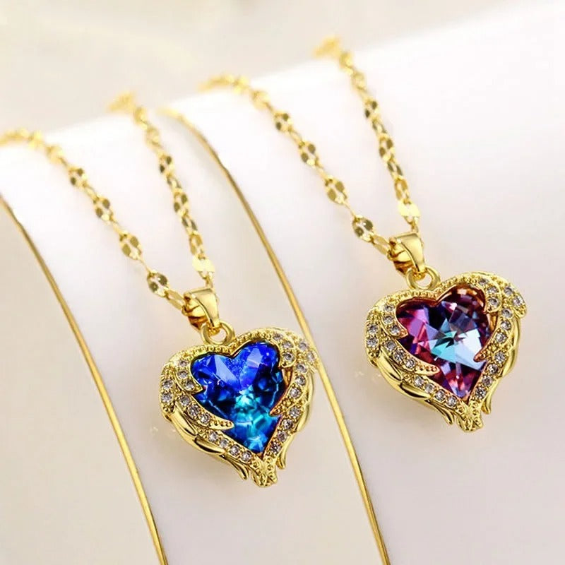 Luxury Colorful Crystal Ocean Heart Pendant Necklace For Women Fashion Stainless Steel Neck Chain Female Wedding Jewelry