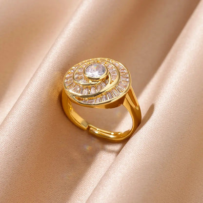 Gold Round Zircon Open Ring Stainless Steel Geometric Wedding Jewelry for Women