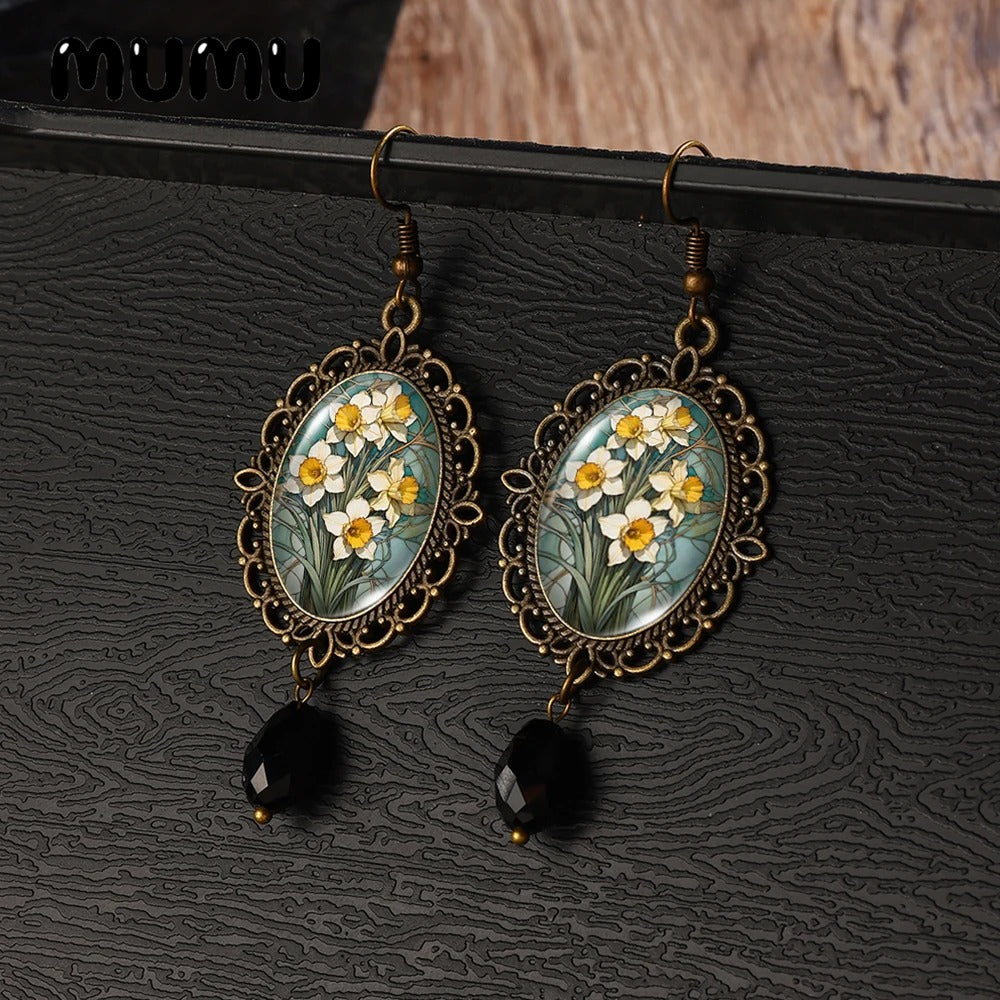 Daffodil Flower Retro Lace Earrings Handmade Glass Dome Jewelry