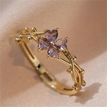 Purple Zircon Flower Adjustable Ring Gold Color CZ Charm Jewelry for Women and Girls