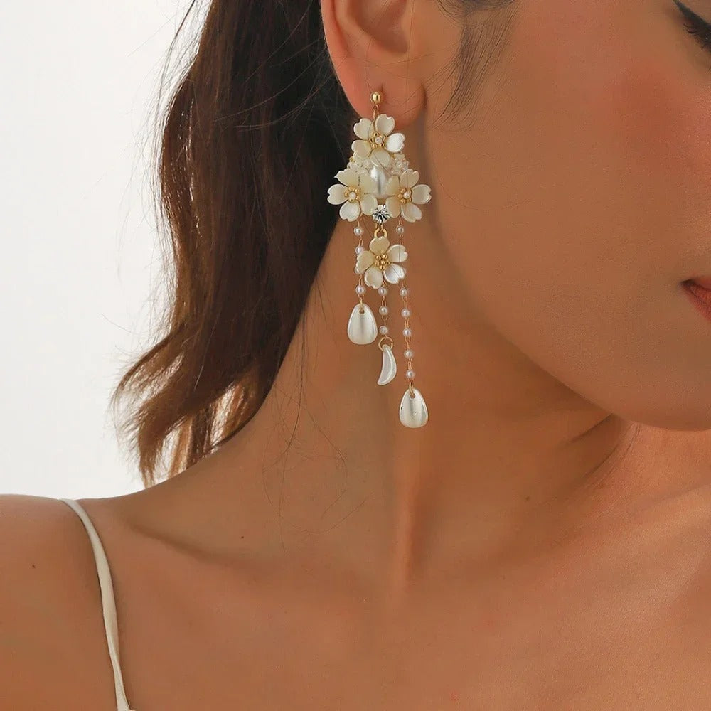 Pearl Tassel Flower Drop Earrings Women’s Romantic French Jewelry