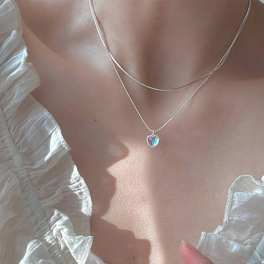 Silver Color Double Love Heart Moonstone Pendant Necklace for Women, Gradient Gemstone Couple Clavicle Chain